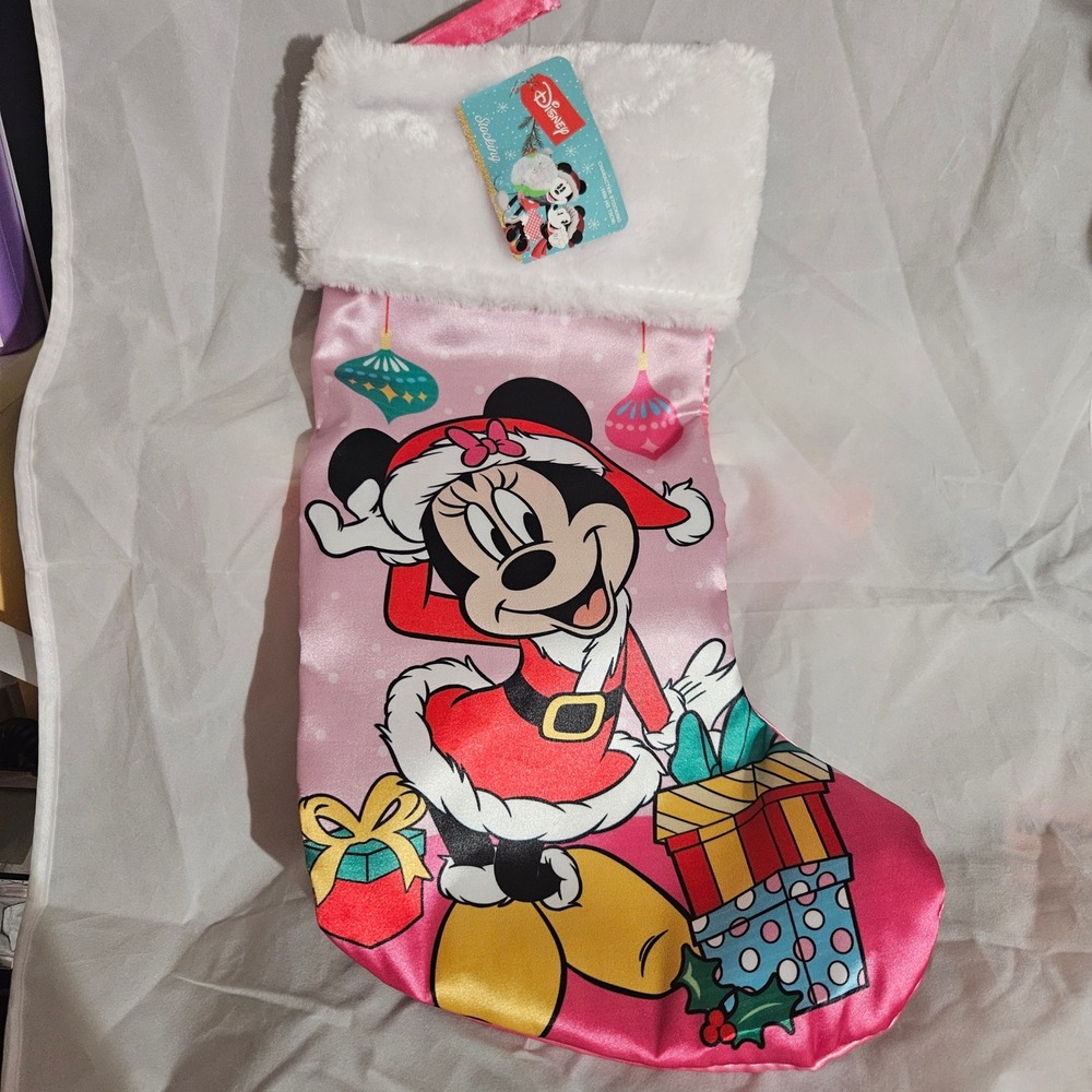 Disney Minnie Mouse Pink Satin Christmas Stocking Santa Hat Gifts Holiday Decor